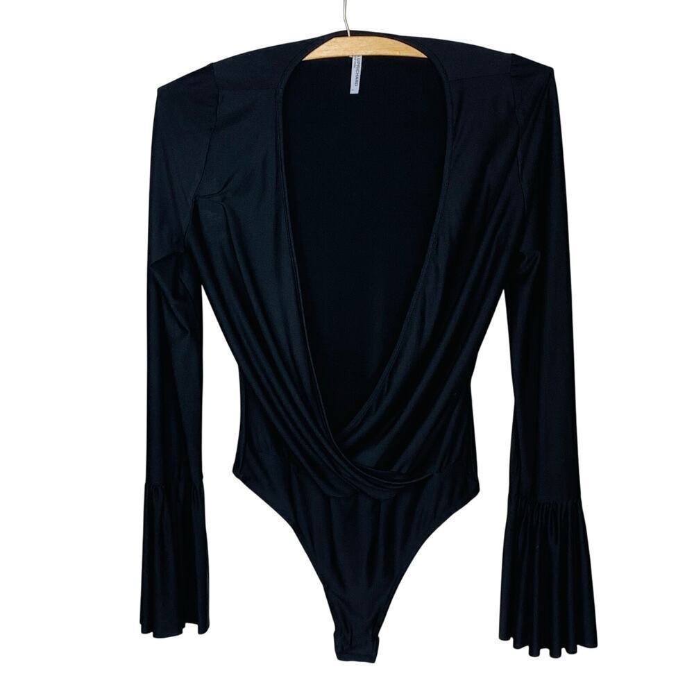 Amanda Uprichard Hera Black Draped Deep-V Nylon Thong Bodysuit Size S